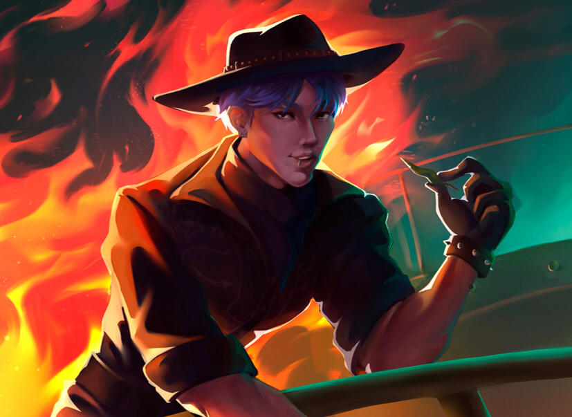 Ilustração apresentando o idol Kim Hongjoong no clipe "Bouncy", do grupo ATEEZ
